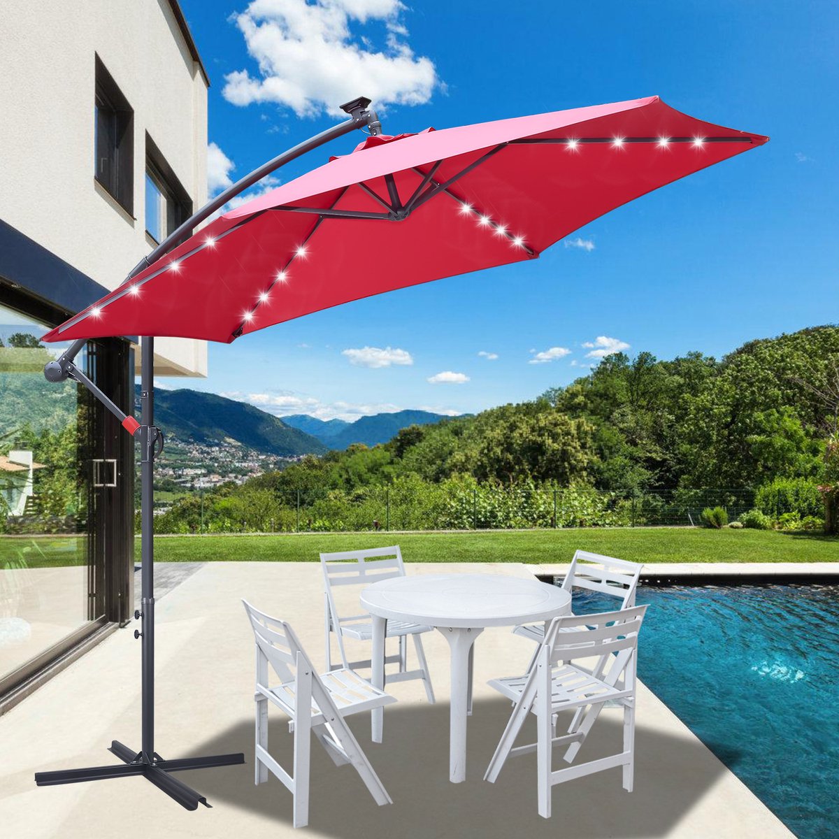 Zweefparasol - Strandparasols - Balkonparasols - Solar LED parasol Waterdicht - Parasol - Parasols - Ø 350cm - 3.5m - Tuinparasol - Zonne-energie - Rood- Draai- en Kantelbaar - 360° draaibaar - Duurzame Zweefparasol - Met voet – foto 5