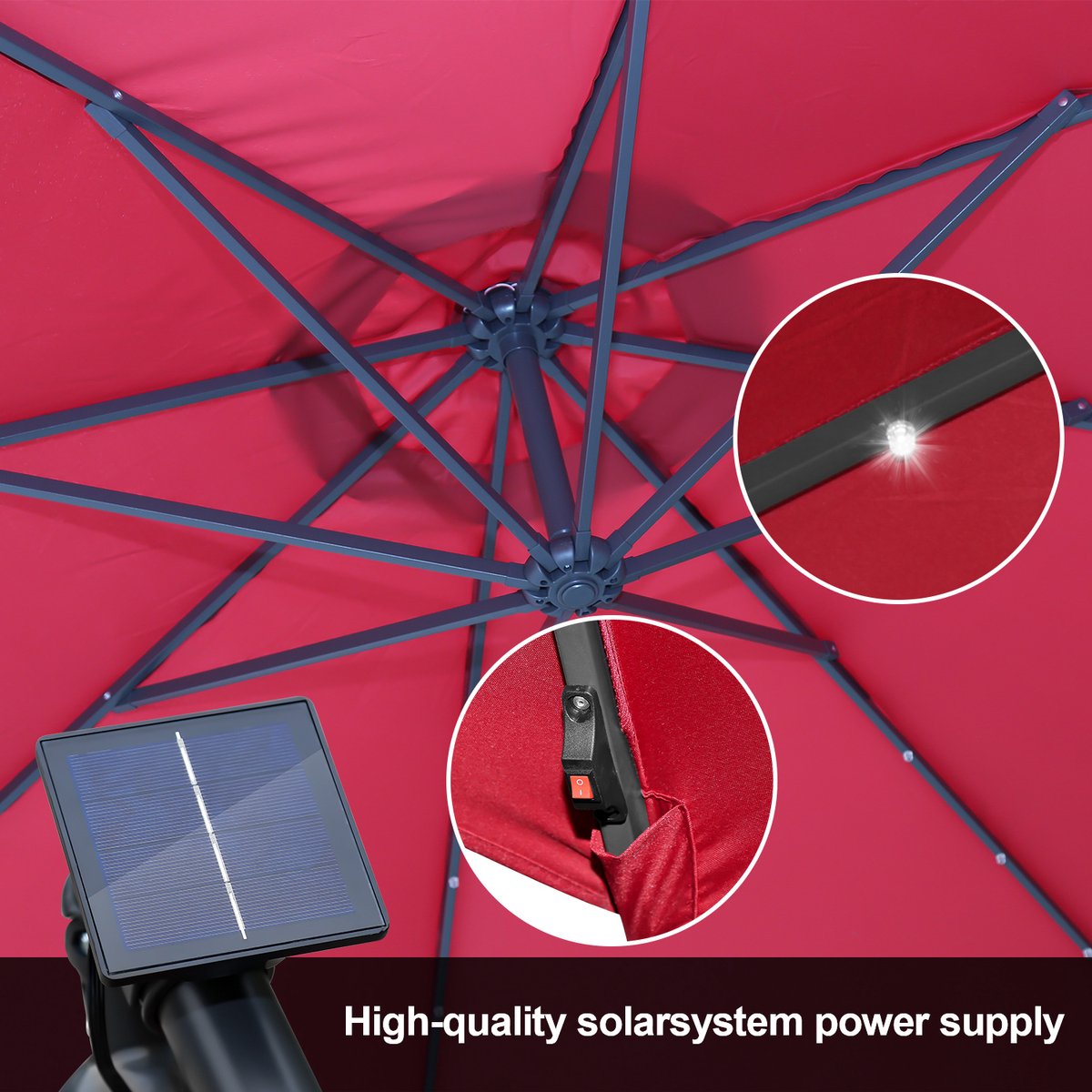 Zweefparasol - Strandparasols - Balkonparasols - Solar LED parasol Waterdicht - Parasol - Parasols - Ø 300cm - 3m - Tuinparasol - Zonne-energie - Rood- Draai- en Kantelbaar - 360° draaibaar - Duurzame Zweefparasol - Met voet – foto 7