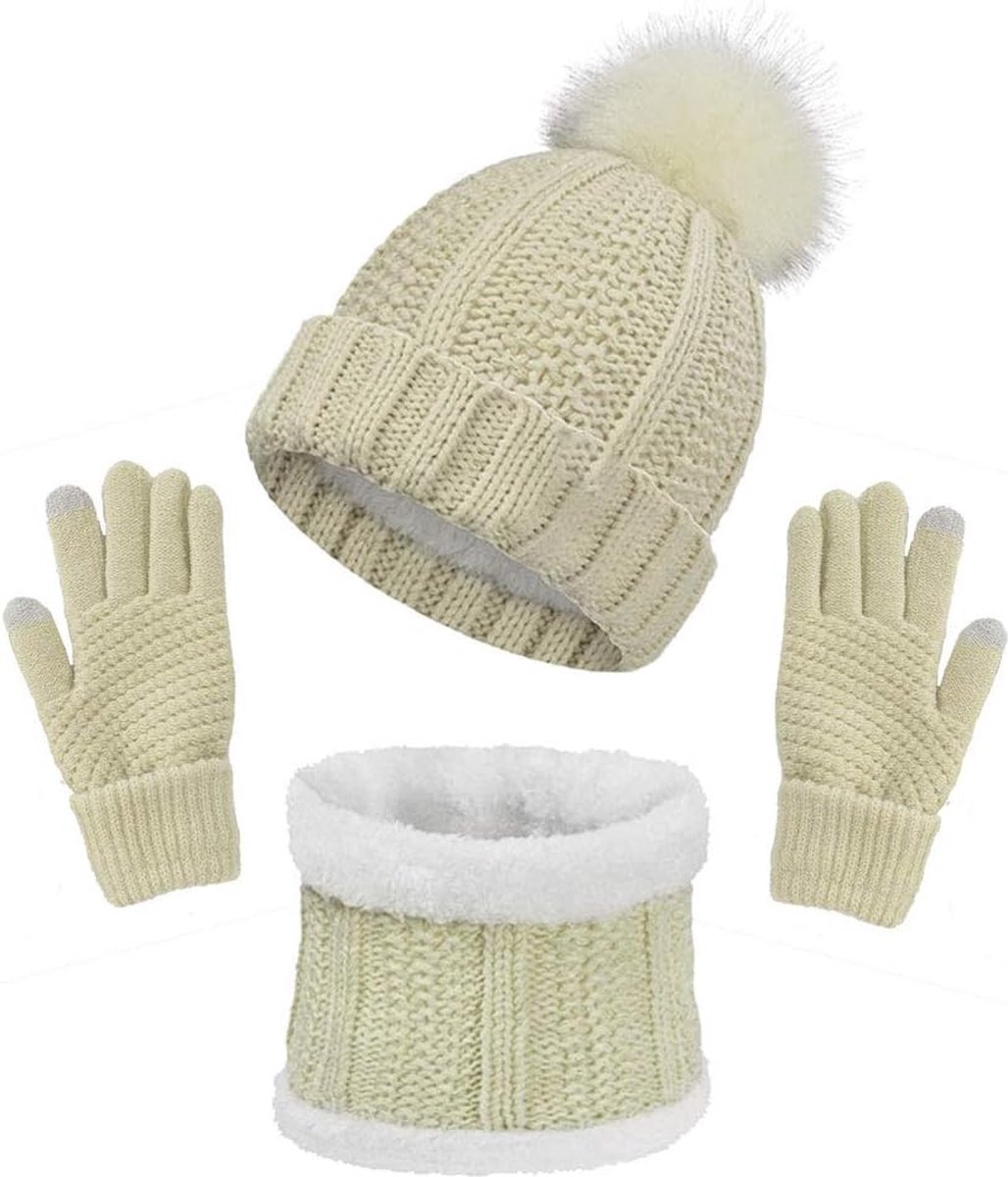 Sjaal, muts en handschoenenset, wintercombiset, gebreide muts, beanie, handschoenen, wintersjaal, set, pomponmuts, 3-delig, winterset, beanie met pompon, touchscreen, handschoenen, cadeau voor vrouwen en dames