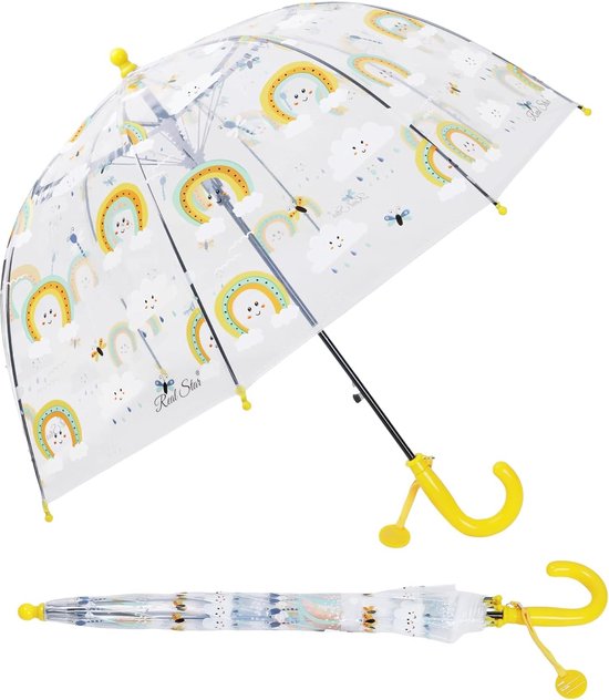 Paraplu, kinderparaplu, windbestendig, robuust, transparant, kinderparaplu, doorzichtig, voor jongens en meisjes, koepel-blaasparap, diameter = 70 cm