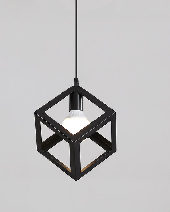 Delaveek-Vierkante metalen hanglamp - Zwart - Dia 17cm - 1m Hanger Draad - E27 Lampvoet (Lichtbron Niet Inbegrepen)