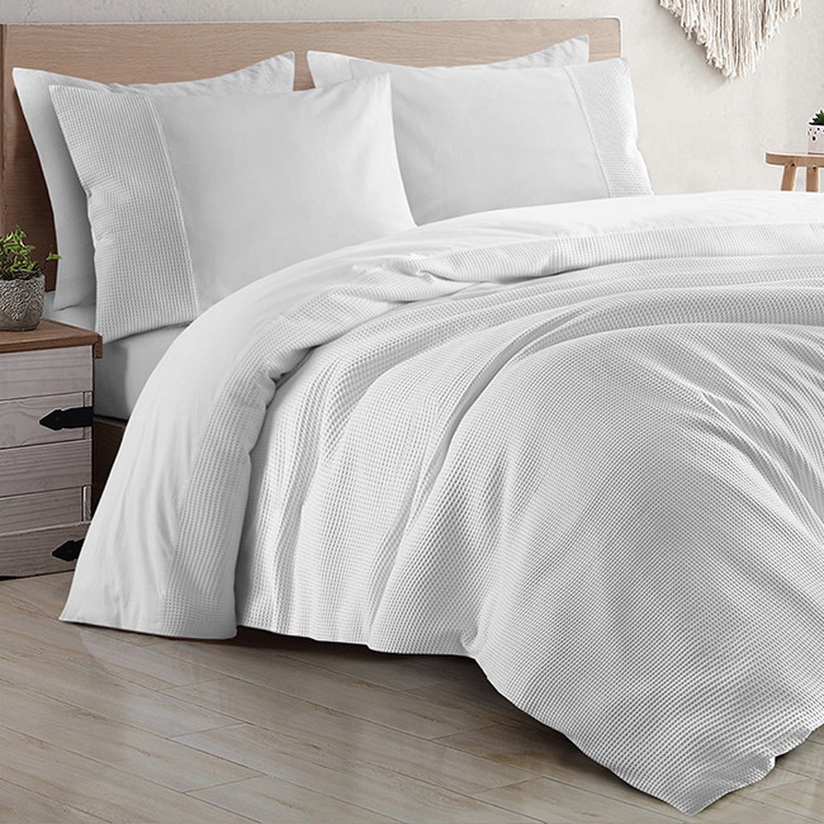 Zavelo Deluxe Waffle Dekbedovertrek Wit - 2-persoons 200 x 200/220 cm - 100% Percale Katoen - Luxe Dekbedovertrek - Super zacht