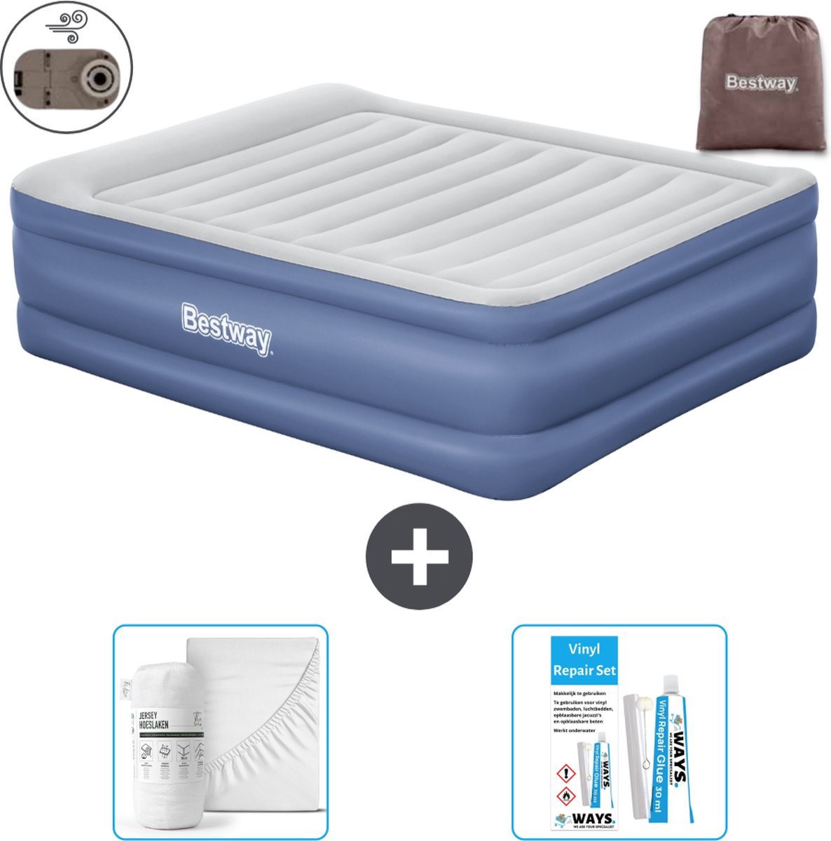 Bestway luchtbed - 2-Persoons - 152 x 203 x 61 cm - Grijs/Blauw - Inclusief pomp - Hoeslaken en Reparatieset