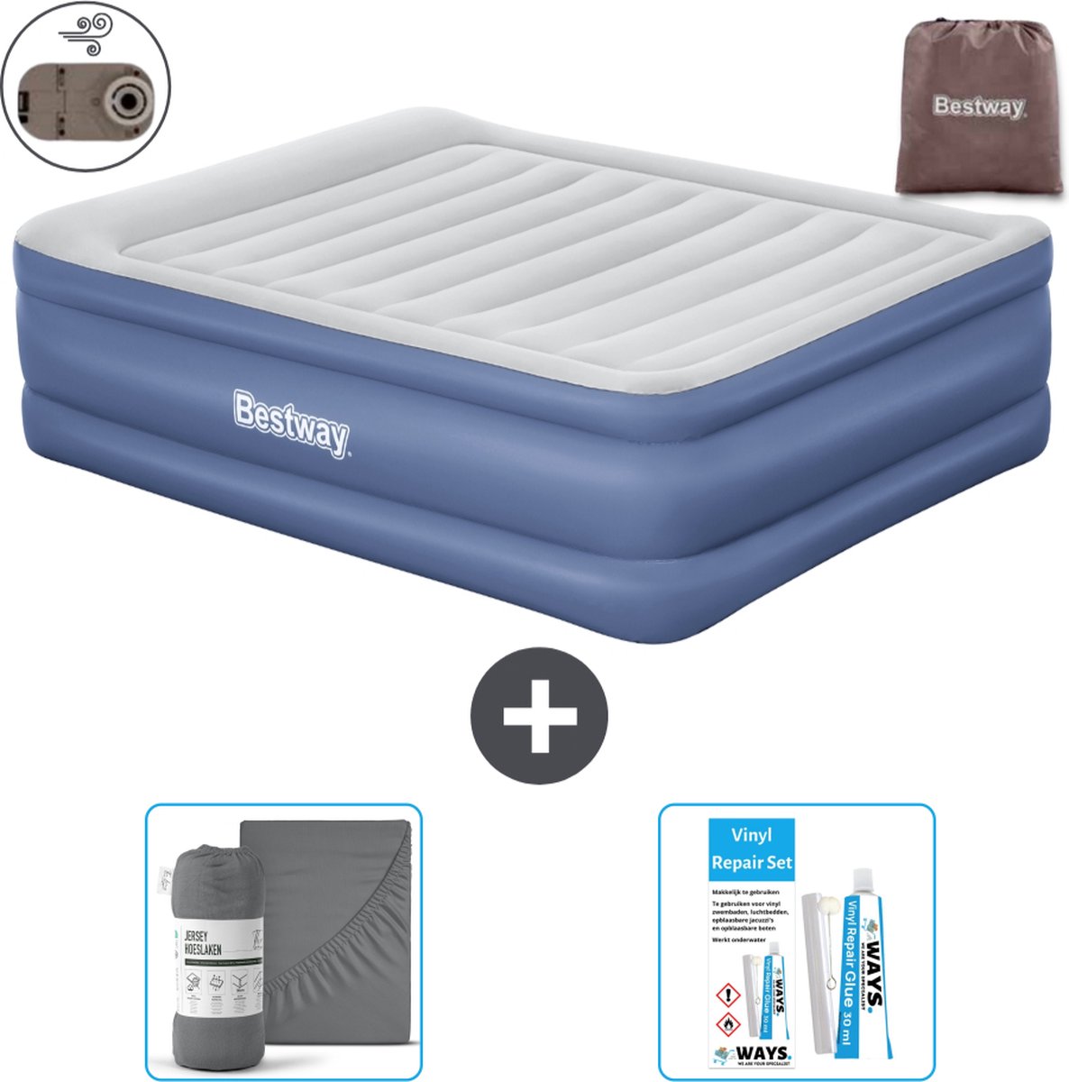 Bestway luchtbed - 2-Persoons - 152 x 203 x 61 cm - Grijs/Blauw - Inclusief pomp - Hoeslaken en Reparatieset