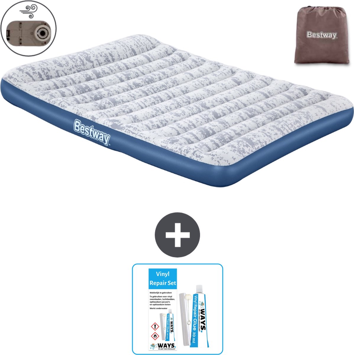 Bestway luchtbed - 2-Persoons - 152 x 203 x 30 cm - Blauw - Inclusief pomp - Reparatieset