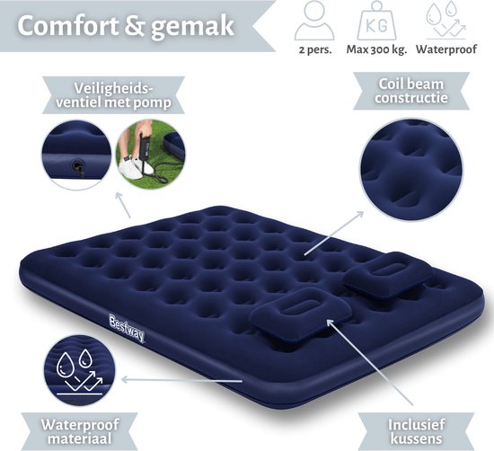 Bestway luchtbed - 2-Persoons - 152 x 203 x 22 cm - Blauw - Inclusief handpomp - kussens - Hoeslaken en Reparatieset van Bestway — afbeelding 5