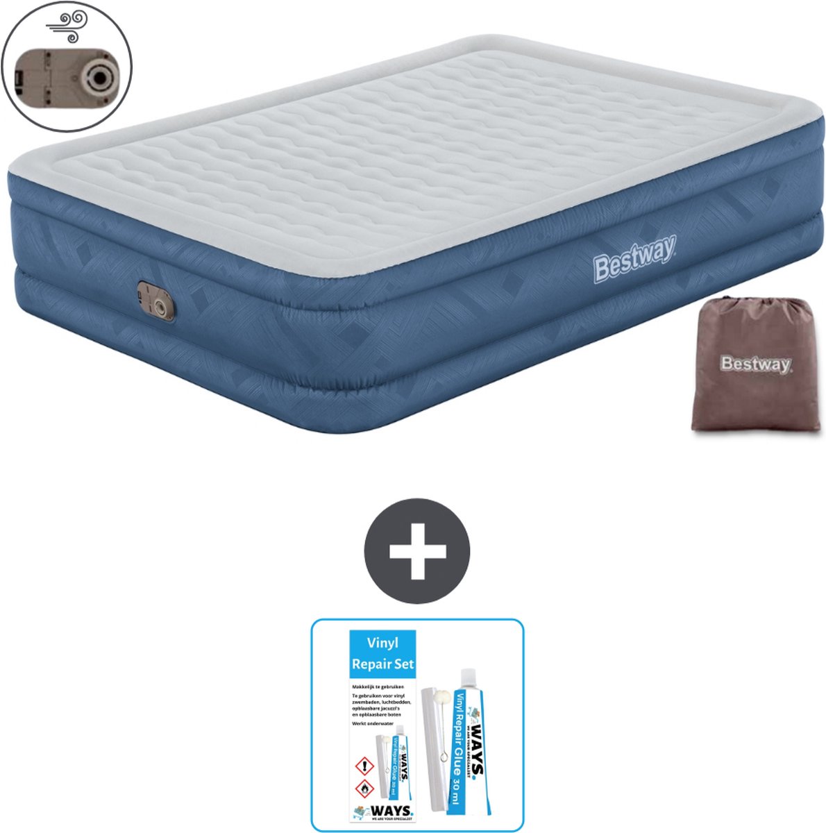 Bestway luchtbed - 2-Persoons - 152 x 203 x 46 cm - Grijs - Inclusief pomp - Reparatieset