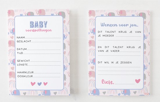 Babyshower invulkaarten | Baby voorspellingskaarten | Baby Olifant | Inclusief bewaarzakje | 30 stuks | A6 formaat