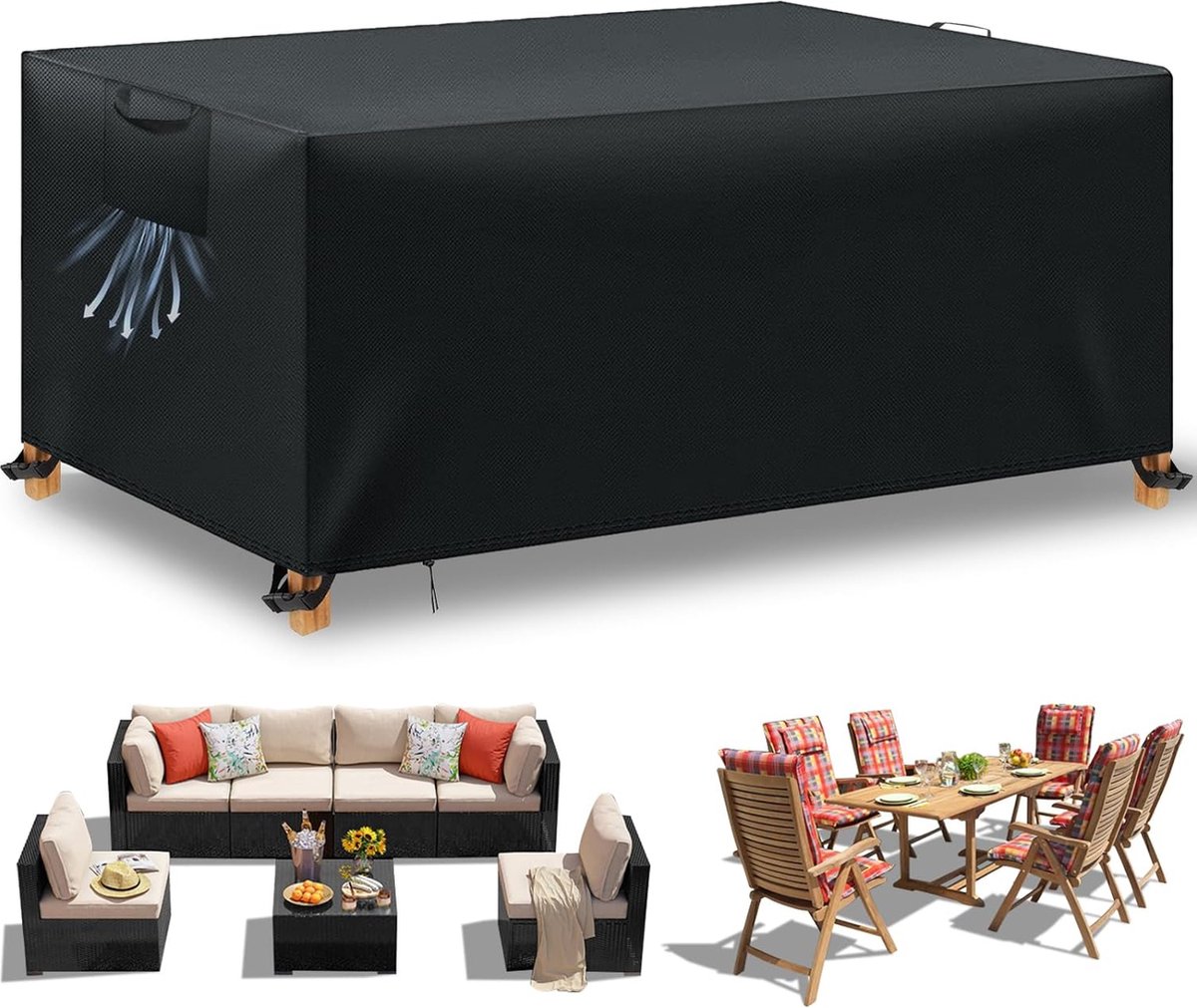 Waterdicht zwart afdekzeil voor tuintafels, 170 x 94 x 71 cm, 420D Oxford-weefsel.