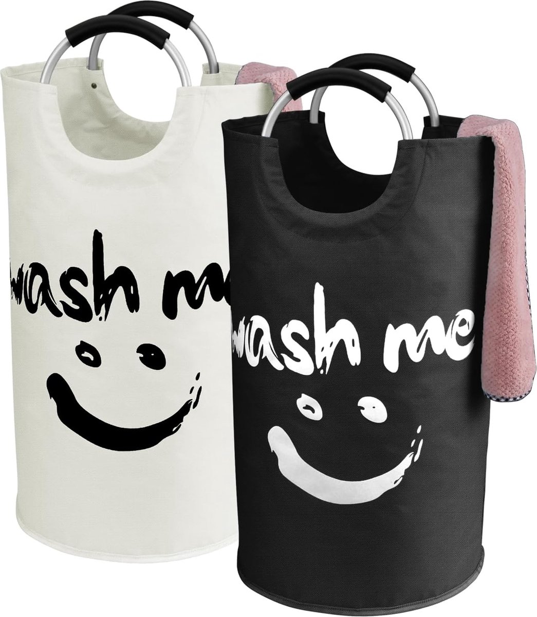 Goedkoopste Set van 2 opvouwbare wasverzamelaars, 91 liter, stoffen waszak met handgrepen, decoratieve wasmand met smiley Face, opbergmand voor de slaapkamer, bijkeuken (zwart/beige