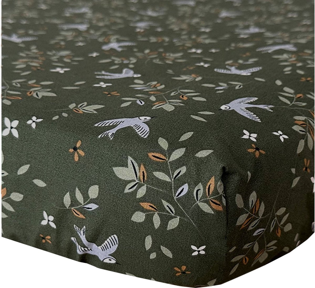 BINK Bedding Hoeslaken Merel 90 x 200 cm - groen - zachtgroen - jade - lila - caramel - vogel - bloemen - tweezijdig - eenpersoonsbed - peuter - kleuter - meisje - meisjeskamer
