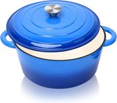 Stoofpan van gietijzer, 28 cm, 6 m², 5,6 l, emaille braadpan met deksel, geschikt voor keuken, bakken, smoren, emaille pan, braadpan, braadpan, braadpan, inductie (blauw)