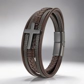 Heren Armband Leer - Bruin met Zwart Kruis - 21cm - Armbanden - Vaderdag Cadeau Geschenk - Mannen Cadeautjes
