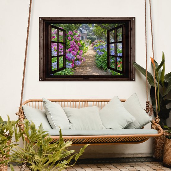 Tuinposter doorkijk bloemen - Donkerbruin raam - Tuindecoratie hortensia - 120x80 cm - Tuinschilderij voor buiten paars - Tuindoek - Wanddecoratie tuin - Schuttingdoek - Balkon decoratie - Muurdecoratie - Buitencanvas tuinversiering