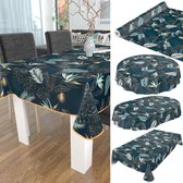 Wasdoek tafelkleed, afwasbaar tuintafelkleed van tafelzeil, rond, ovaal, rechthoekig, voor binnen en buiten, bladeren, goudblauw, 100 x 140
