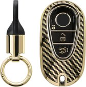 kwmobile autosleutel hoesje met sleutelring - geschikt voor Mercedes Benz 3-knops autosleutel smart hoesje - Sleutel case met sleutelhanger - Metallic Carbon design in goud / zwart