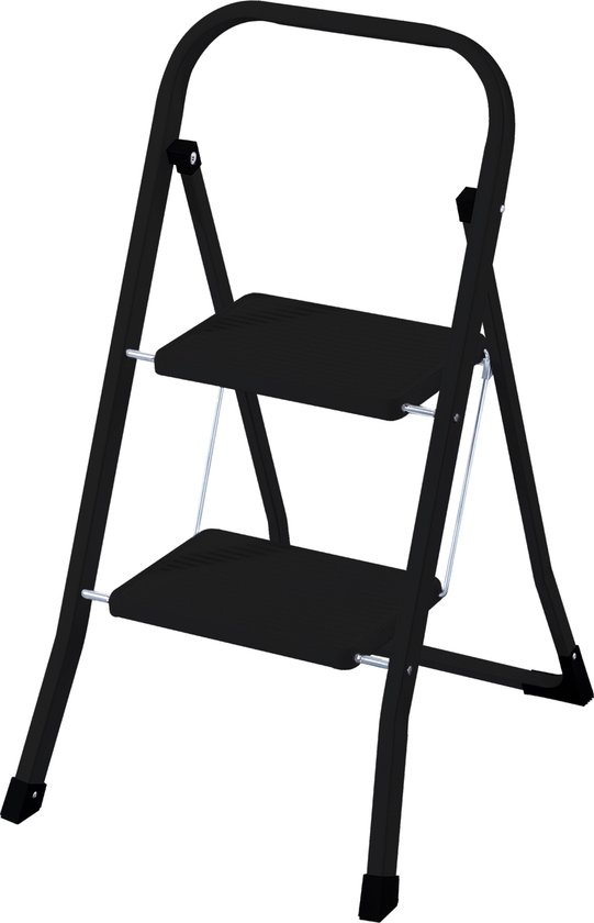 Rijoka Keukentrap Inklapbaar 2 Treden - Huishoudtrap - 150kg Draagkracht - Anti-slip treden - Zwart