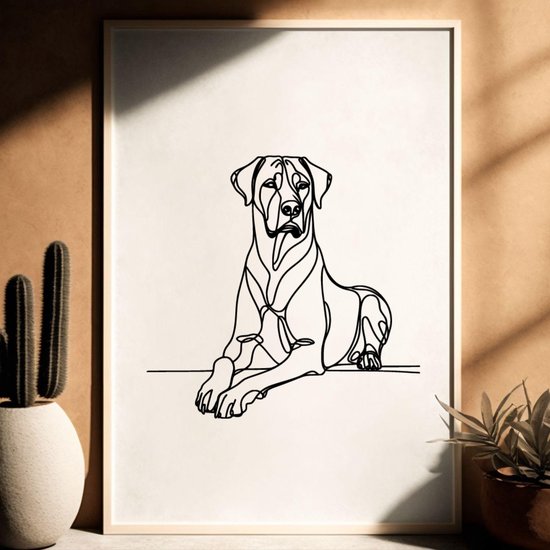Luxe Ingelijste Ridgeback Poster - Artistieke Honden Lijnkunst in Stijlvolle Fotolijst - A2 formaat (42cm x 59.4cm)