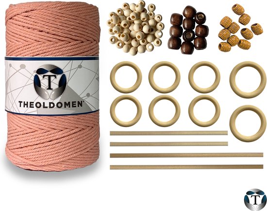 Macramé Pakket | 200 METER | Incl. Handleiding | Zalmroze | Starter Set | Ringen | Kralen |Stokken | Macramé Touw | 3mm | 100% Katoen | Macramé | Decoratie | DIY | Doe Het Zelf | Wandkleed | Dromenvanger | Plantenhanger | Tassen | TheOldOmen |