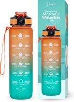 Supplife Nederlandse Motivatie Waterfles - 1 Liter - Nederlandse Tekst - Waterfles met Tijdmarkeringen - Drinkfles met rietje - Oranje Cyaan