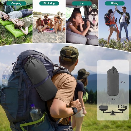 XL Isomat, camping, zelfopblazend, outdoor, luchtmatras, ultralicht, zelfopblaasbare slaapmat, slaapmat met kussen (donkergrijs) van Merkloos — afbeelding 3