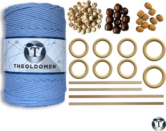 Macramé Pakket | 200 METER | Incl. Handleiding | Lichtblauw | Starter Set | Ringen | Kralen |Stokken | Macramé Touw | 3mm | 100% Katoen | Macramé | Decoratie | DIY | Doe Het Zelf | Wandkleed | Dromenvanger | Plantenhanger | Tassen | TheOldOmen |