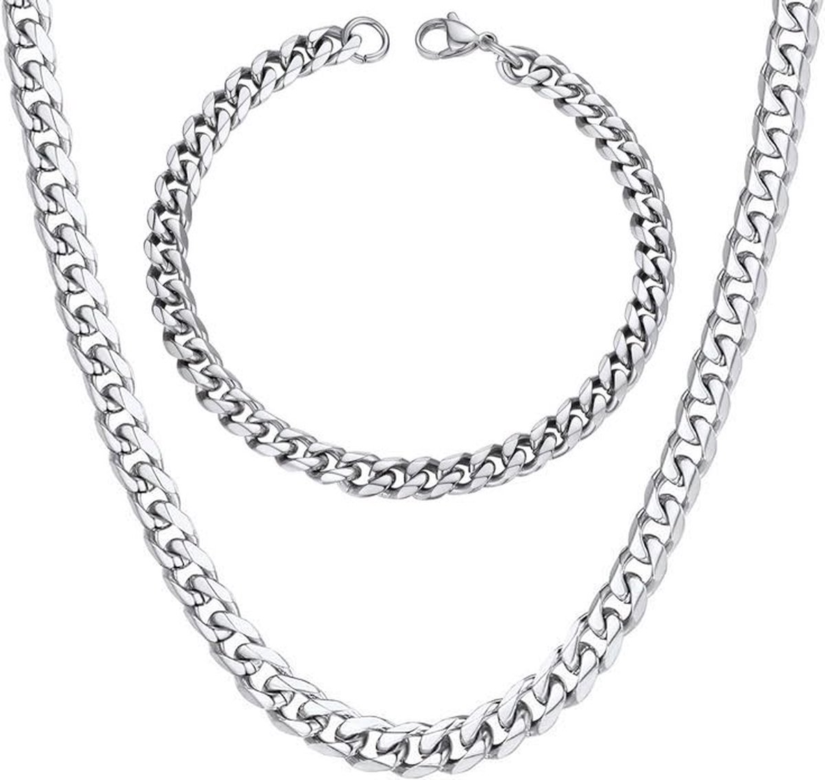 Ketting + Armband Set - Cuban Link Dikke Schakel - Zilver kleurig - 5mm - Kettingen Armbanden Sieraden Set Heren - Vaderdag Cadeau Geschenk