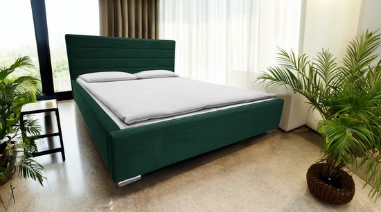Maxi Maja - AMOR tweepersoonsbed - Bed met frame - Container naar boven openend - Chromen poten - 160 x 200 - Kleur groen - Nice Magic Velvet stof