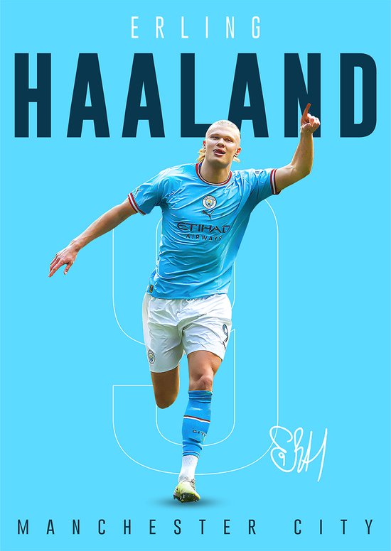 Poster Erling Braut Haaland - Autographe - Manchester City - Format A2+ 43,2 x 61 cm - Posters de Voetbal - Convient à l'encadrement - Poster Haaland - Cadeau de Voetbal