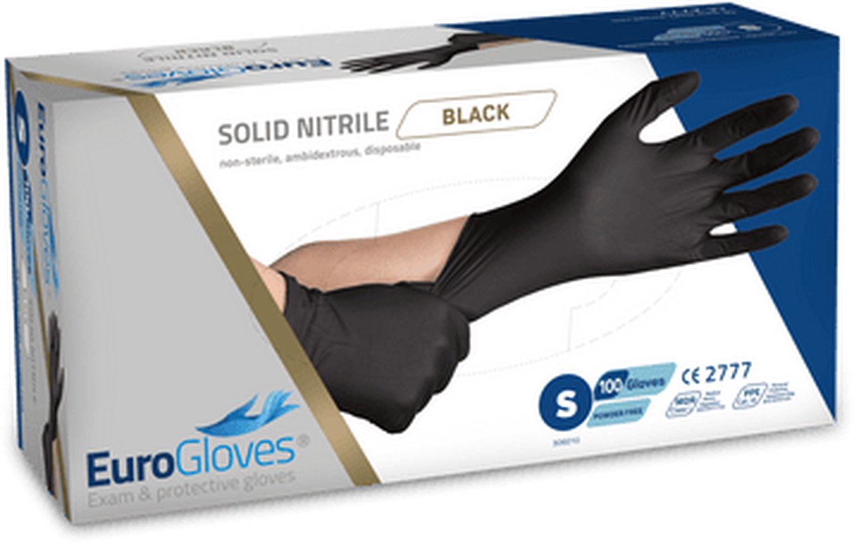 Goedkoopste Eurogloves handschoenen - solid nitrile - zwart - Small - poedervrij- 10 x 100 stuks voordeelverpakking