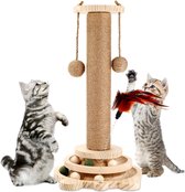 Houten kattenspeelgoedroller, 4 in 1, dubbellaags roterende tafel Houten kattenkrabpaal, sisaltouw voor kattenbomen met hangende ballen, geschikt voor kleine tot middelgrote katten