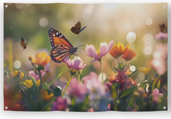 Prachtige Tuinposter bloemen 120x80 cm met vlinders en zonsondergang op een mooie zomerdag; Tuinschilderij, Schuttingposter, Schuttingdoek, Schutting decoratie, Tuindecoratie - tuinposter vlinder - tuinposters bloemen - tuinposter natuur