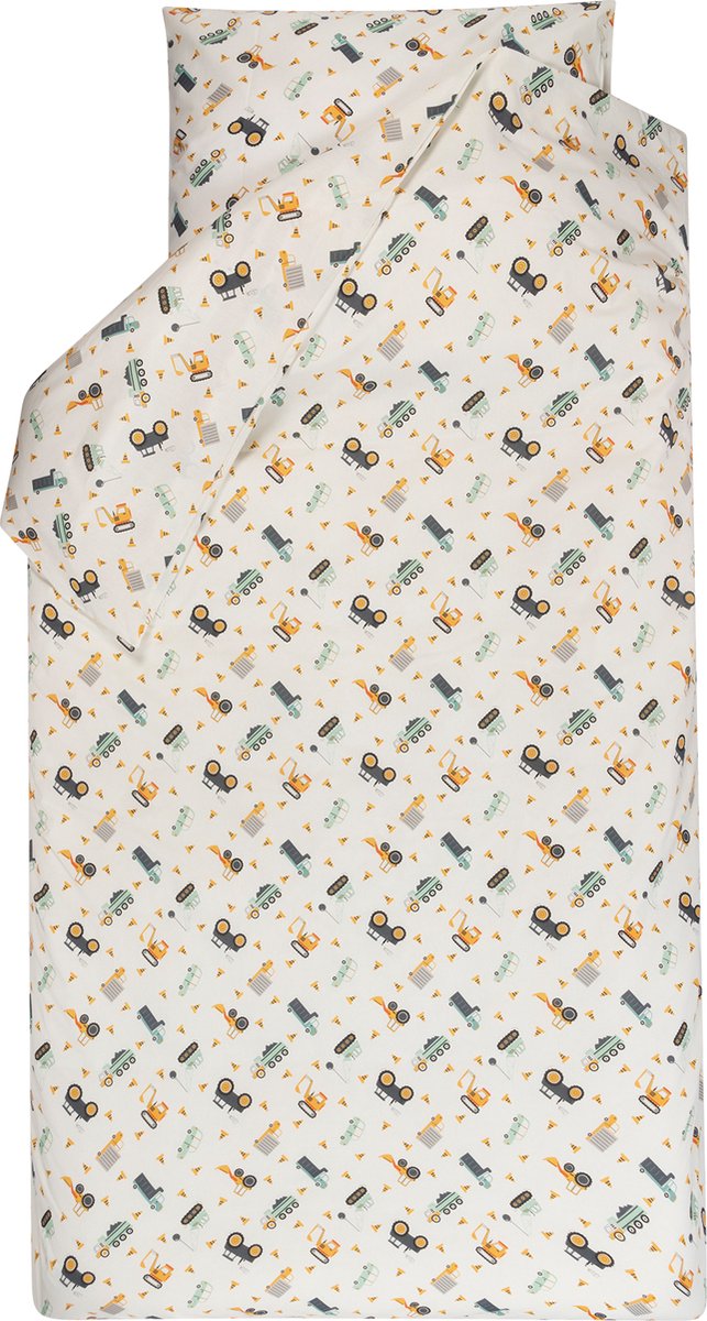 BINK Bedding Dekbedovertrek Bram 1-persoons 140 x 220 cm - Kussensloop 60 x 70 cm - auto's - vrachtwagen - kiepwagen - tractor - werkvoertuigen - mint groen - ecru - oranje - geel - grijs - tweezijdig - katoen - jongens - eenpersoons