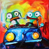 JJ-Art (Glas) 60x60 | Kikkers in de auto, humor, Herman Brood stijl, abstract, kunst | dier, kikker vierkant, blauw, rood, geel, oranje, modern | Foto-schilderij-glasschilderij-acrylglas-acrylaat-wanddecoratie