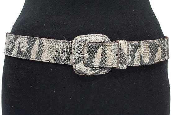A-Zone Dames riem slangen print creme/zwart - dames riem - 4 cm breed - Wit met zwart - Echt Leer - Taille: 100cm - Totale lengte riem: 115cm