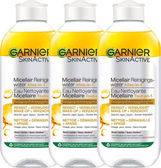 Garnier SkinActive Micellair Reinigingswater voor Langhoudende en Waterproof Make-up - 3 x 400 ml - Micelair Water Voordeelverpakking