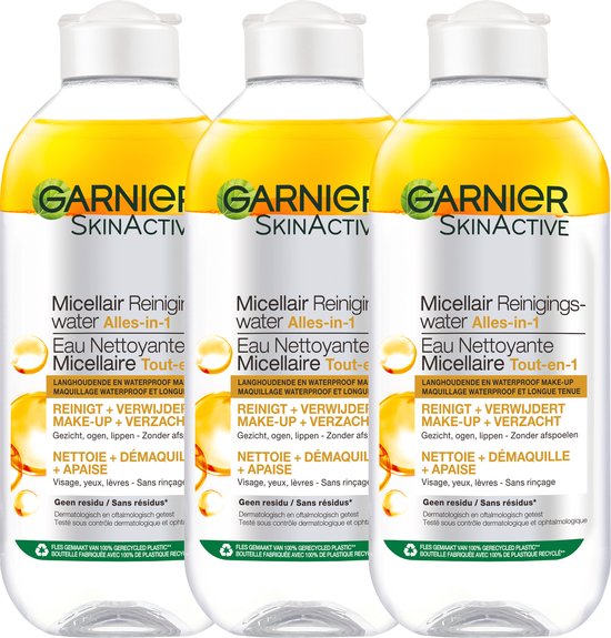 Garnier SkinActive Micellair Reinigingswater voor Langhoudende en Waterproof Make-up - 3 x 400 ml - Micelair Water Voordeelverpakking