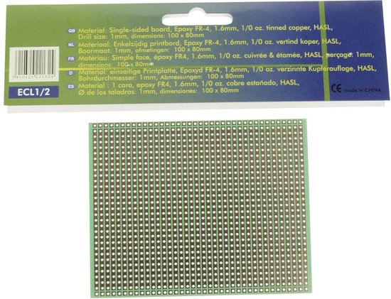 Velleman Eurocard, 100 x 80 mm, type volle lijn, enkelzijdig, eurodin DIN41612 en DIN41617, epoxy FR-4, groen - Velleman
