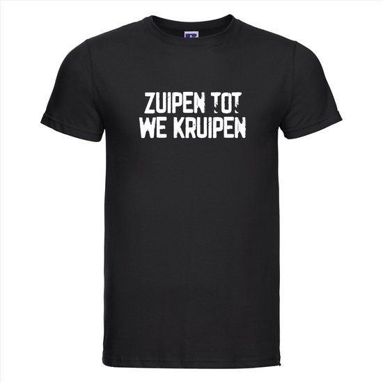 Zwarte Russell T-shirt met witte tekst 'ZUIpen TOT WE KRUIpen'.