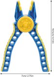 Blauw-gele tang voor bouwblokken, 10.5 cm hoog en 7 cm breed.