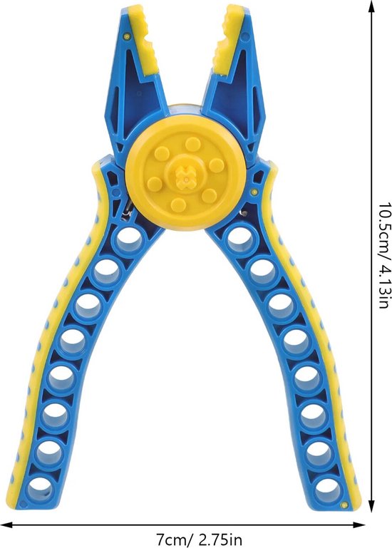 Blauw-gele tang voor bouwblokken, 10.5 cm hoog en 7 cm breed.