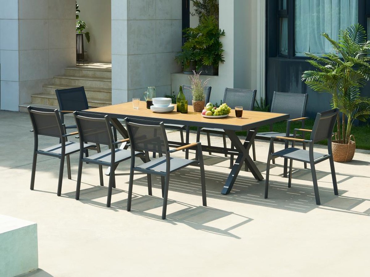 MYLIA Tuineethoek van aluminium: een tafel D220 cm en 8 opstapelbare fauteuils - Antraciet en licht naturel - INOSSE van MYLIA L 220 cm x H 90 cm x D 100 cm