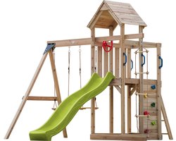 AXI Moos Speeltoestel met Dubbele Schommel en Touwladder Bruin – Limoen groene Glijbaan – Zandbak en Klimwand – Telescoop en Stuur - FSC hout - Speelhuis op palen voor de tuin