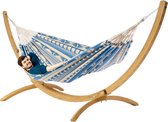 Luxe Hangmat Ibiza Sea met houten standaard400 - Blauw, Ecru - 100% Biologisch Katoen - 400 x 180 cm - Luilak