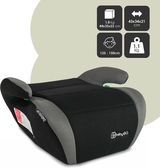 BabyGO autostoel Booster iSize - Zitverhoger - Stoelverhoger - Autogordel bevestiging - Grijs (voor kinderen van 125 - 150cm) - BabyGO