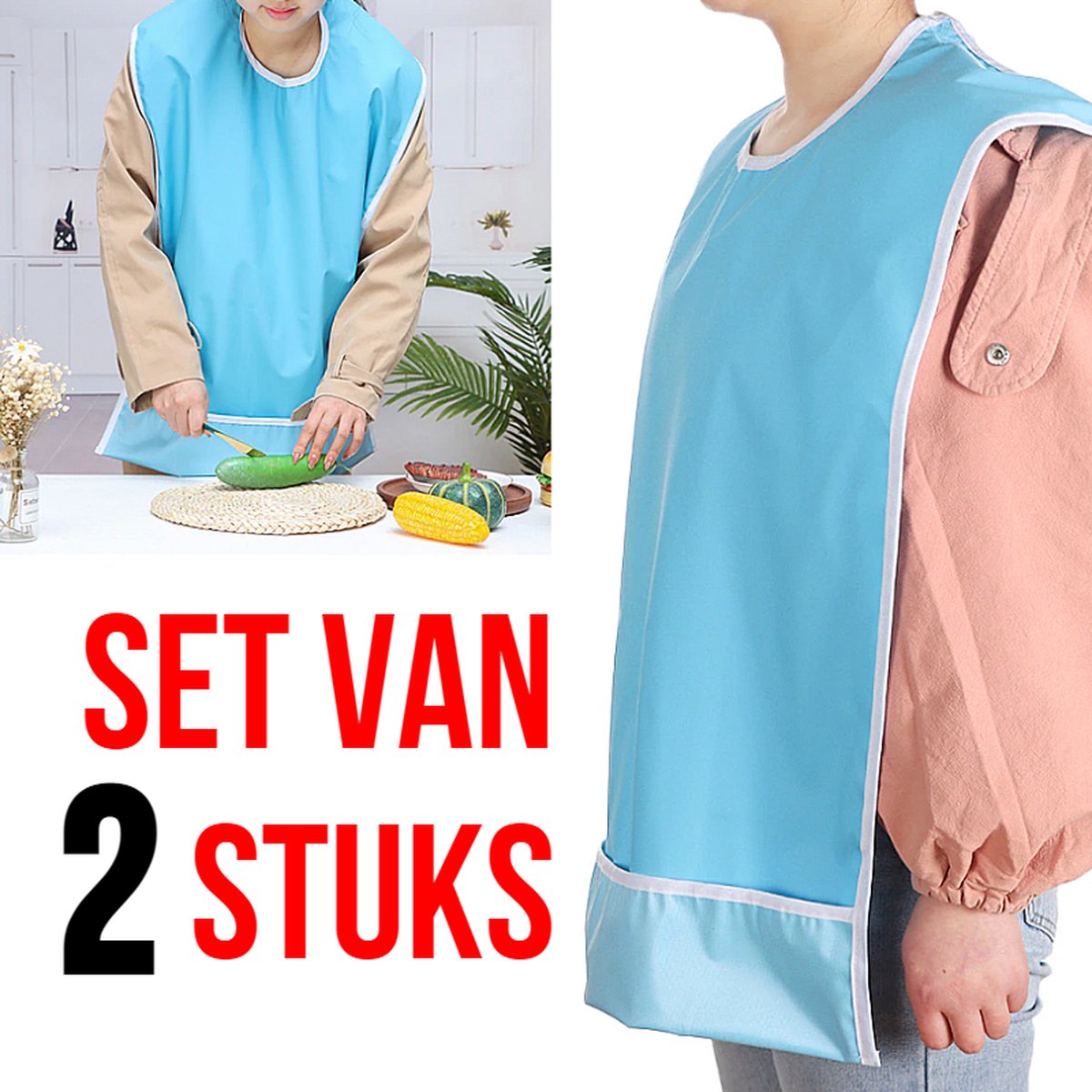 Goedkoopste Allernieuwste.nl® SET 2 STUKS Waterproof Slabber voor Volwassenen LICHT BLAUW - Slab voor Senioren - Ouderen Servet - Schort Gehandicapten - Kledingbeschermers - Blauw 2 ST