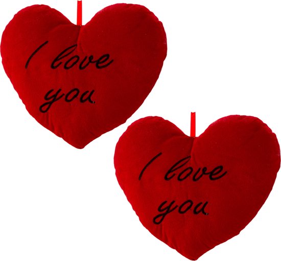 Sierkussentje Valentijn/I Love You hartje vorm - 2x - rood - 25 x 33 cm