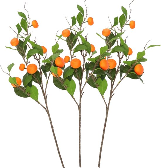 DK Design Kunstbloem citrusfruit tak mandarijn/clementine - 3x - 90 cm - oranje - losse steel - Kunst zijdebloemen