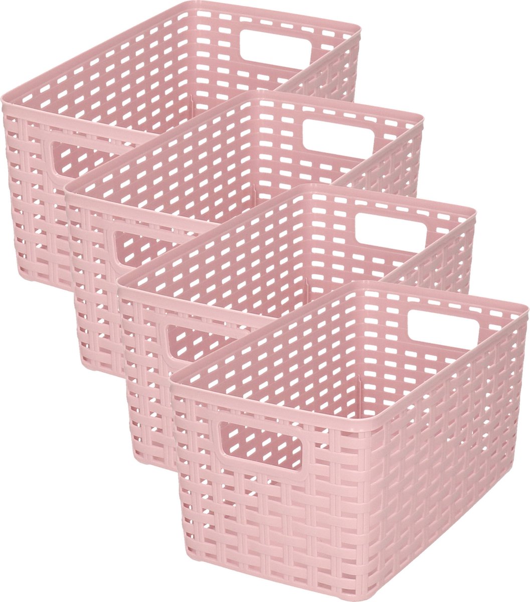 PlasticForte Opbergmand - 4x - Kastmand - rotan kunststof - oud roze - 5 Liter - 15 x 28 x 13 cm