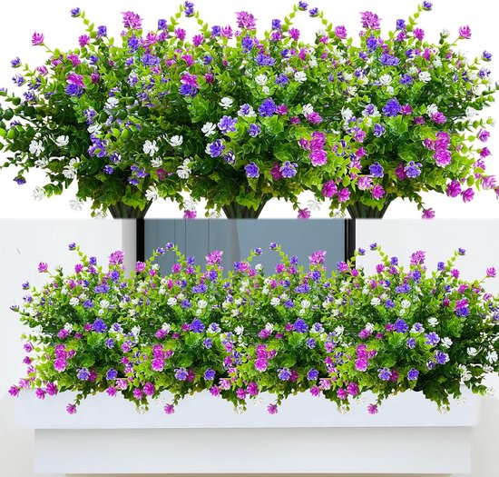 8 bundels kunstbloemen, outdoor, weerbestendig, kunstplanten, uv-bestendige balkonplanten, plastic bloemen voor buiten, balkon, tuin, binnen en buiten